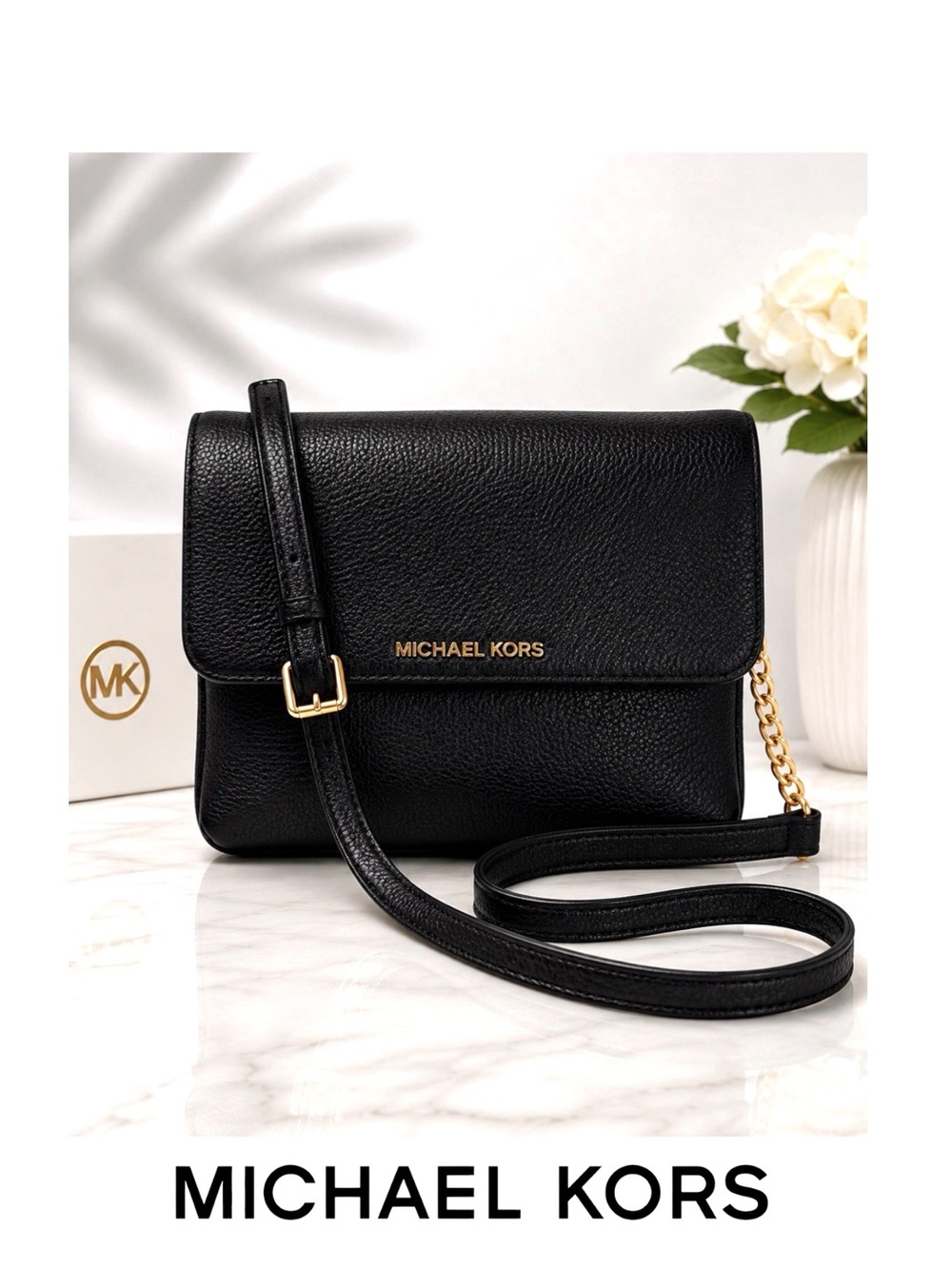Michael Kors Bedford Double Gusset Crossbody Black Pebbled Leather Gold Hardware